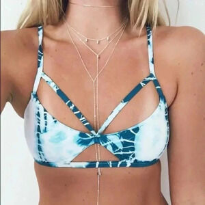 Blue Life Tie Dye Strap Bikini Top Swimsuit Swimwear Summer Beach White Cross